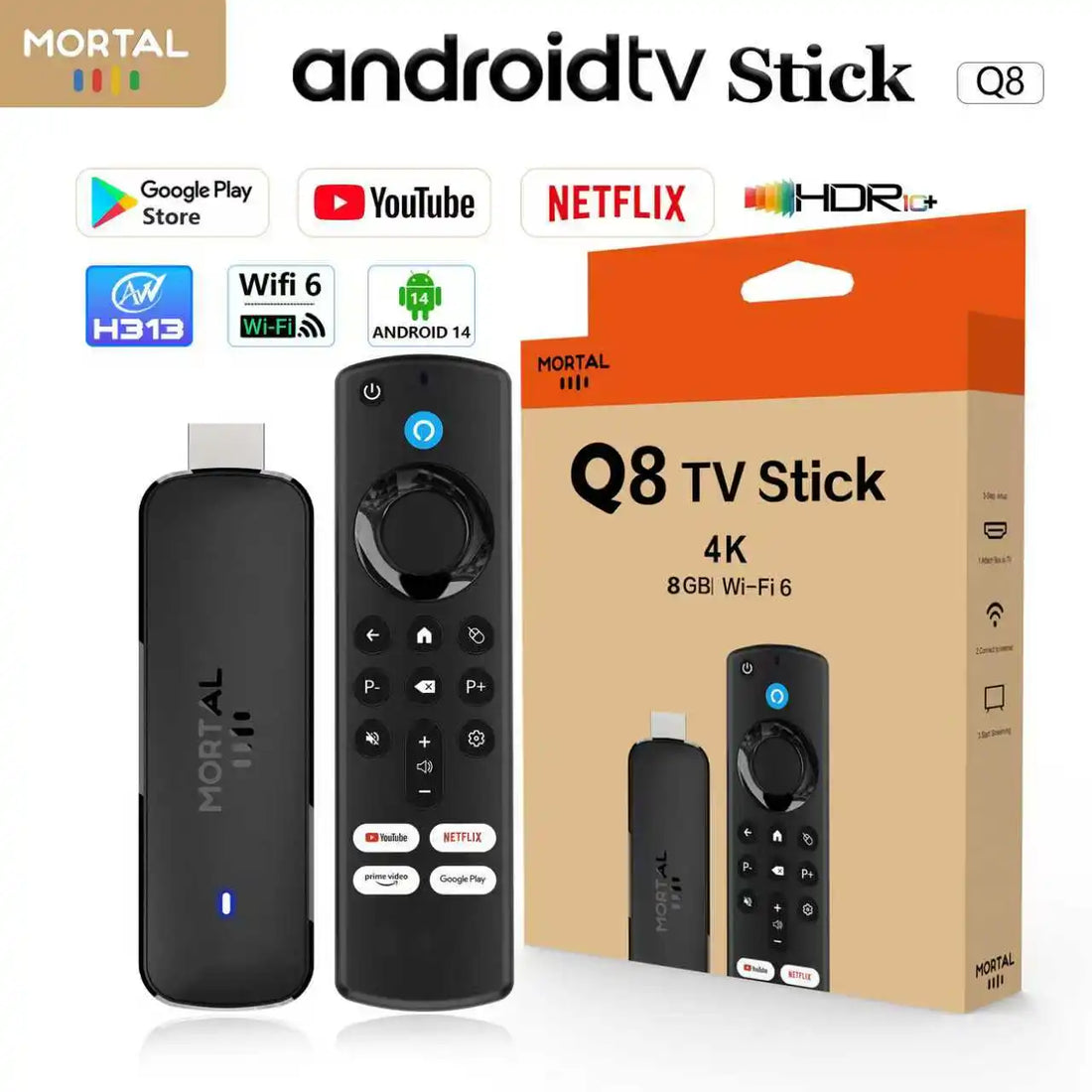 Q8 - Android 14 - Streaming Stick - with 8K / WiFi 6 / Voice Remote - 8GB RAM / 16GB Storage