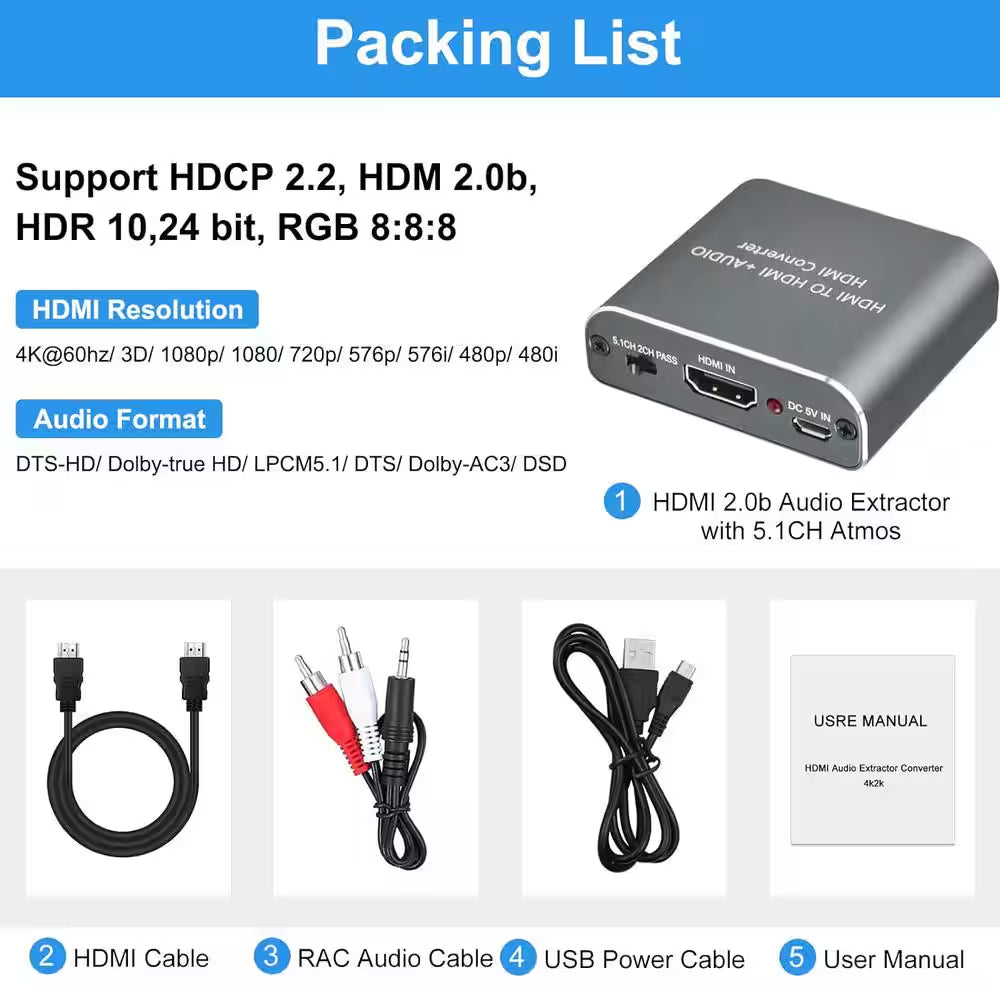 HDMI 2.0 Audio Extractor - Optical SPDIF / 3.5mm Output