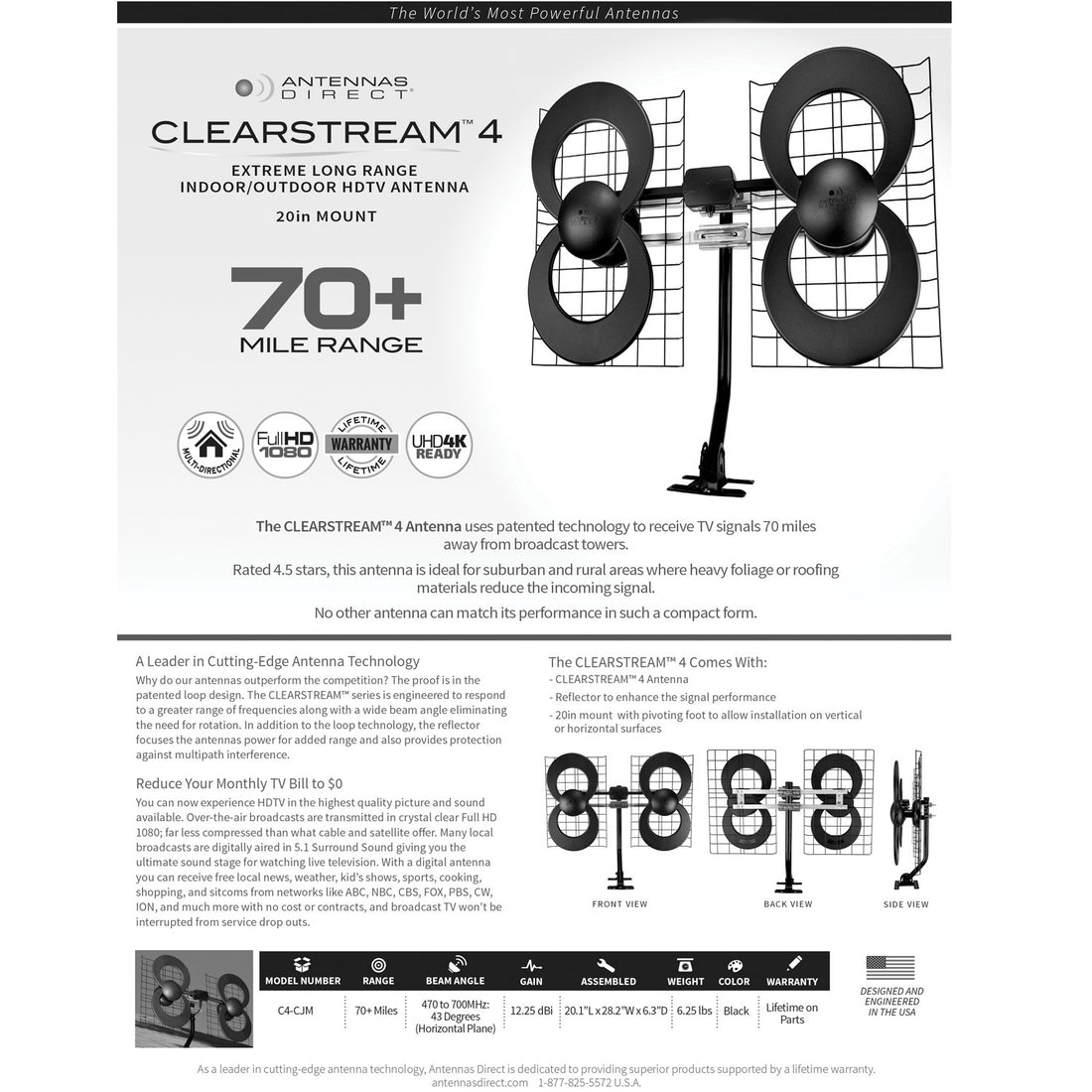 Antennas Direct C4-V-CJM ClearStream 4V Extreme Range Indoor/Outdoor HDTV Antenna