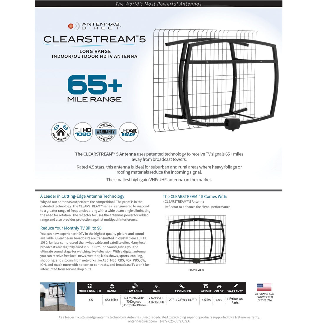 Antennas Direct C5 ClearStream 5 UHF/VHF Attic/Outdoor HDTV Antenna