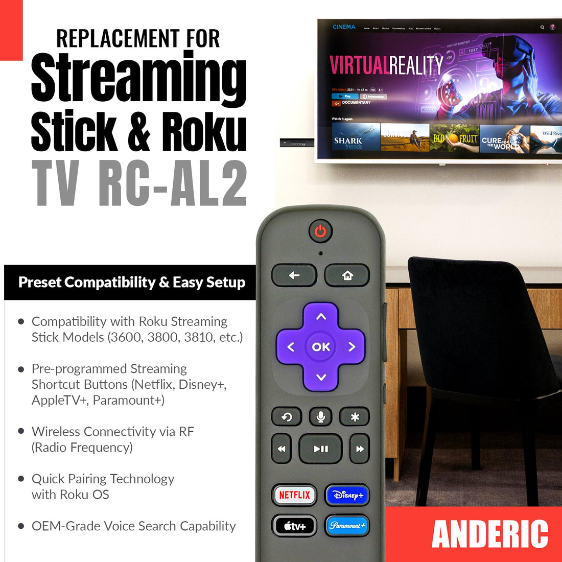 Anderic RC - GZ1 Universal Remote Control for Roku Streaming Stick, StreamBar, and TV - RCFA5 RCGZ1
