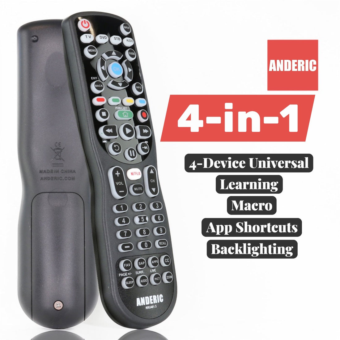 Anderic RRU401.7 4 - Device Universal Remote Control with Backlight, Macro and Learning for TV, Cable, Streaming