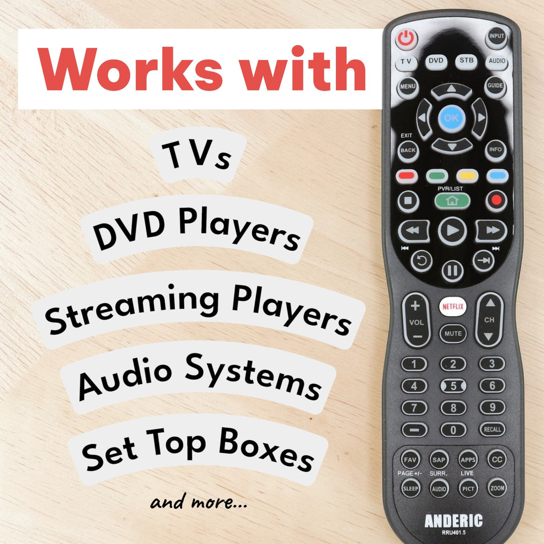 Anderic RRU401.7 4 - Device Universal Remote Control with Backlight, Macro and Learning for TV, Cable, Streaming