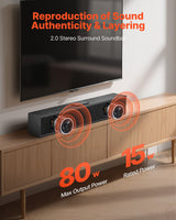 Sound Bar for Smart TV, 2.0 Channel, 24-Inch Compact Soundbar TV Speakers for Projector, Bluetooth AUX Connection, Remote Control, Easy Setup, 80W Surround Sound System for PC Home Theater Audio