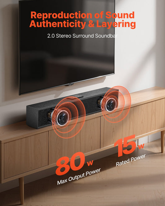 Sound Bar for Smart TV, 2.0 Channel, 24-Inch Compact Soundbar TV Speakers for Projector, Bluetooth AUX Connection, Remote Control, Easy Setup, 80W Surround Sound System for PC Home Theater Audio