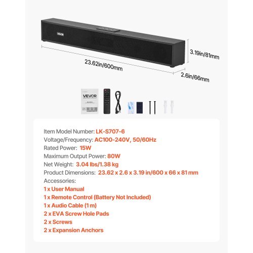 Sound Bar for Smart TV, 2.0 Channel, 24-Inch Compact Soundbar TV Speakers for Projector, Bluetooth AUX Connection, Remote Control, Easy Setup, 80W Surround Sound System for PC Home Theater Audio