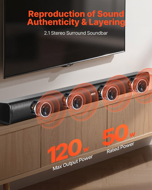 Sound Bar for Smart TV, 2.1 Channel, 35-Inch Compact Soundbar TV Speakers with Built-In Subwoofer for Projector, Bluetooth AUX Connection, Easy Setup, 120W Surround Sound System for Home Audio