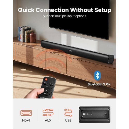 Sound Bar for Smart TV, 2.1 Channel, 35-Inch Compact Soundbar TV Speakers with Built-In Subwoofer for Projector, Bluetooth AUX Connection, Easy Setup, 120W Surround Sound System for Home Audio