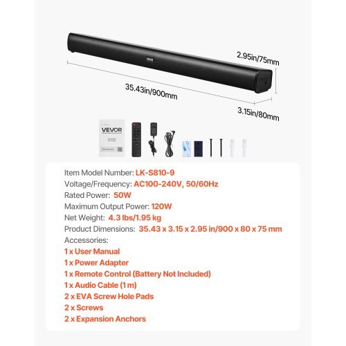Sound Bar for Smart TV, 2.1 Channel, 35-Inch Compact Soundbar TV Speakers with Built-In Subwoofer for Projector, Bluetooth AUX Connection, Easy Setup, 120W Surround Sound System for Home Audio