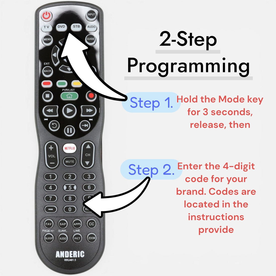 Anderic RRU401.7 4 - Device Universal Remote Control with Backlight, Macro and Learning for TV, Cable, Streaming