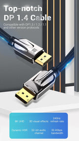 Fast 1.4Gbps 8K 60Hz 4K HDR Display Port Audio Cable for Video PC Laptop TV